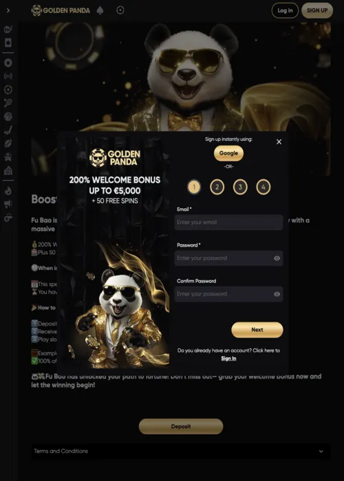 Inscription rapide nouveau joueur Golden Panda Casino