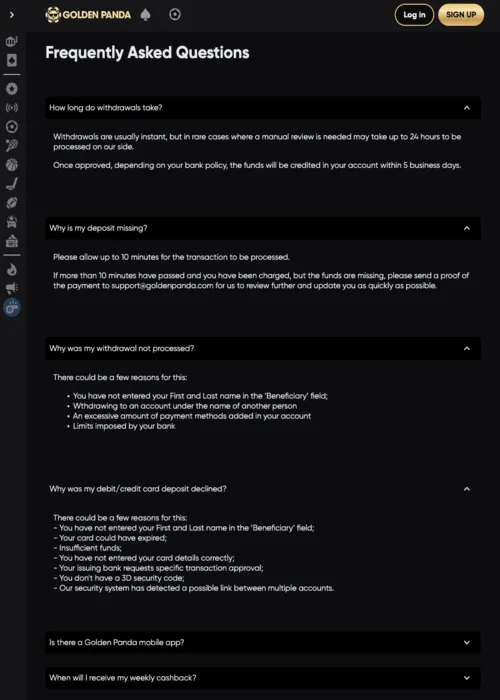 Retraits paiements rapides options Golden Panda Casino